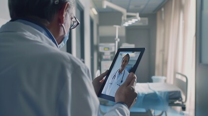 Poster - Hospital telehealth and man doctor with tablet for patient diagnosis review charts or consultation Online wellness and physician with tech for healthcare medical analysis or schedule s : Generative AI