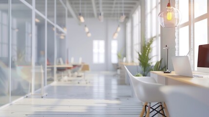 Fototapete - Abstract blurred image of modern Open space office with white interior concept full furniture for background design concept : Generative AI