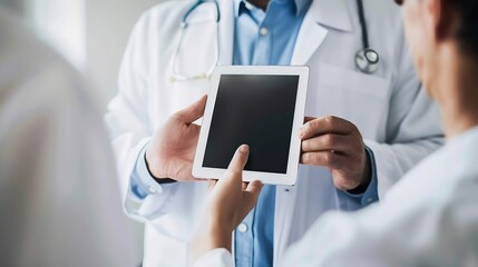 Poster - Clinic tablet and hands of doctor with patient for consulting medical service and help in hospital Healthcare telehealth and people on digital tech for diagnosis online results and ins : Generative AI