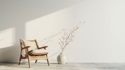 Poster - Minimal interior armchair zen style wooden chair in front of empty white wall 3D rendering : Generative AI