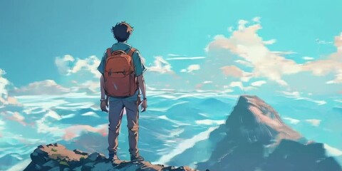 lofi illustration of a cool young man with backpack gazing into vast landscape from cliff edge