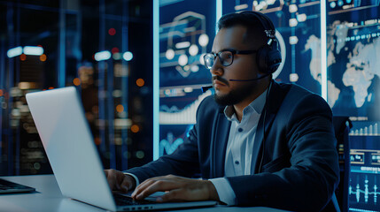 Wall Mural - technical support customer service concept, software engineer using laptop computer with customer su