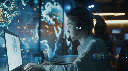 Wall Mural - technical support customer service concept, software engineer using laptop computer with customer su