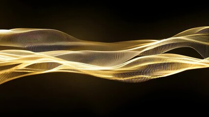 Motion animation of abstract 3d golden flowing wave made of dots on black background. Digital data structure. Future mesh or soundgrid. Futuristic technology concept. Backdrop for design 
