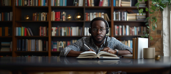 african student doing online meeting video class at university library. looks at the camera. close-u