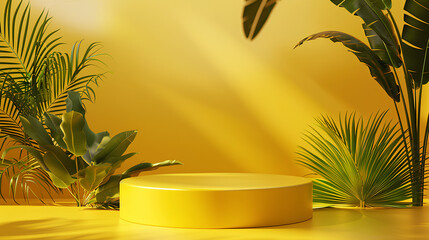 Poster - Yellow podium product background 3d summer display platform nature minimal. Product stand yellow background podium 3d tropical stage scene palm beauty mockup cosmetic abstract table autumn food banner