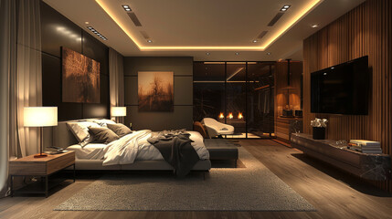 Wall Mural - A large bedroom with a fireplace and a large bed