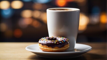 Wall Mural - Delicious Chocolate Donut With Sprinkles and Coffee Cup on Table at Evening Cafe