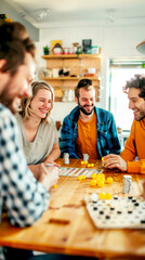 Group of friends enjoying a tabletop game night with laughter and engagement in a cozy setting.