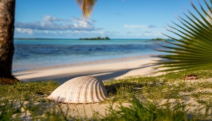 Wall Mural - a shell in focus in foreground and exotic fiji shoreline with palm tree tranquil sea and green grass