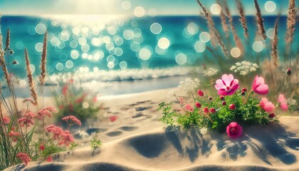 Wall Mural -  A detailed shot of beach sand, showcasing its texture and gentle mounds, with an array of beautiful summer flowers scattered across the sand.