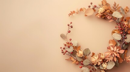 Canvas Print - Autumn arrangement Wreath of dry flowers eucalyptus berries on beige backdrop Fall Thanksgiving concept Flat lay top view empty space