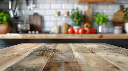 Natural wooden table set against a blurred kitchen background, ideal for displaying fresh ingredients or kitchen tools