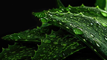 Wall Mural - Close up view of aloe vera leaves against dark backdrop for skincare and hair treatment