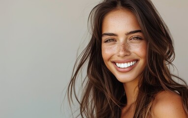 A brunette woman with a warm smile and freckles enjoys a moment in soft sunlight, showcasing her natural beauty and confidence