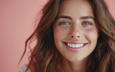 Wall Mural - A young woman with glowing skin and a joyful expression showcases her bright smile and freckles in front of a pastel backdrop