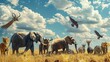 © Felix - Large group of African safari animals composited together in a scene of the grasslands of Kenya.