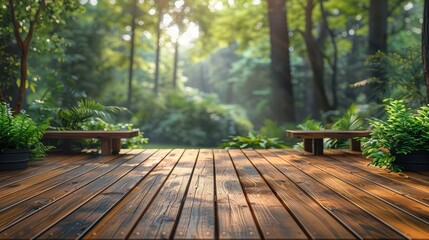 Sticker - a wooden deck with benches in the woods