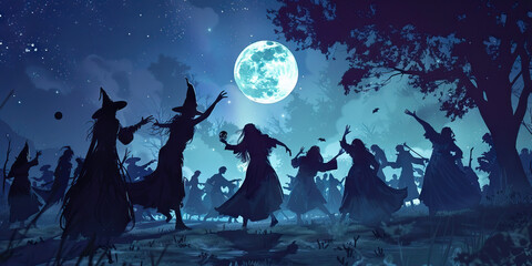 The Sabbat Celebration: Dancing Under the Moonlight in Honor of the Old Gods - Imagine a scene where witches gather for a sabbat celebration, dancing and chanting under the light of the full moon