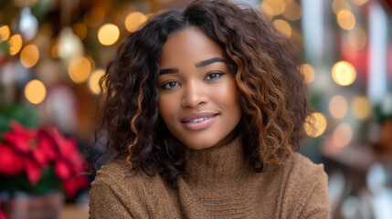 Portrait of a smiling black woman with curly hair, in a festive holiday setting with warm bokeh lights and decorations