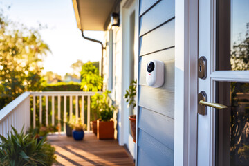 A smart security camera is monitoring the front door of a house. The device is mounted on the wall beside the entrance. Concept of modern technology ensuring home safety and surveillance