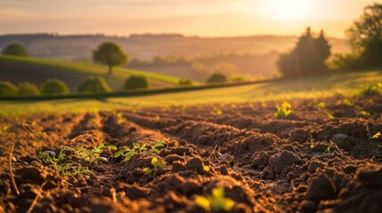 Wall Mural - Sunrise Over Rolling Hills And Newly Planted Fields