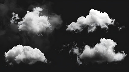 Clouds set isolated on black background. White cloudiness, mist or smog background.