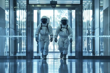 Wall Mural - Two astronauts in white suits walking through a futuristic glass door
