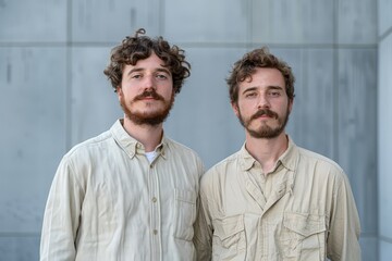 Two men with beards, standing in front of a concrete wall.