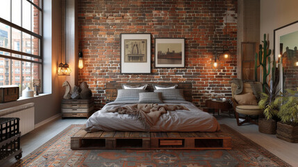 Wall Mural - A bedroom with a wooden bed, a brick wall, and a plant