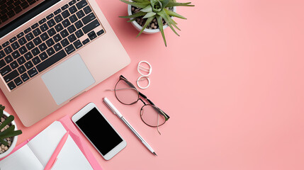 Aufkleber - modern header / hero image or banner with laptop computer, smartphone, air plant, open notebook and feminine accessories on a bright blush background, home office scene, flat lay / top view