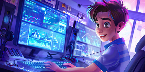 Efficient Programmer at Work: A developer concentrates on coding in an orange-lit room with multiple computer monitors