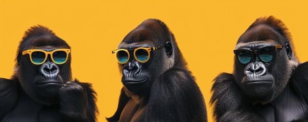 Three gorillas wearing sunglasses against a yellow background, cool style concept