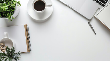 Aufkleber - Simple Top view table - Creative flat lay office desk. Laptop, notebooks and coffee cup on white background. Panorama banner background with copy space.
