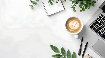 Poster - Simple Top view table - Creative flat lay office desk. Laptop, notebooks and coffee cup on white background. Panorama banner background with copy space.