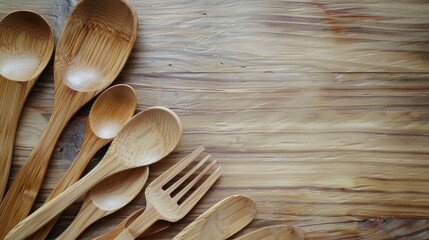 Sticker - Wooden bamboo utensils on wooden table surface