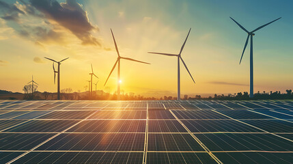 Wall Mural - clean energy concept photovoltaic panels and wind turbines in the light of the rising sun