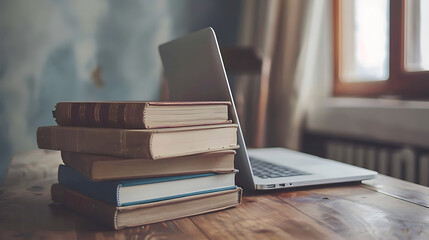 Poster - Stack of books with laptop on wooden table