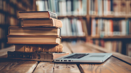 Poster - Stack of books with laptop on wooden table