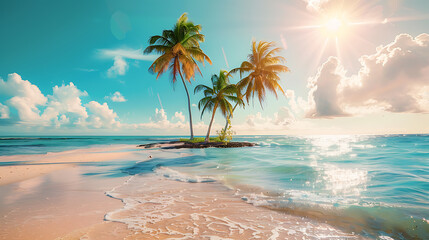 Tropical beach in Punta Cana, Dominican Republic. Palm trees on sandy island in the ocean.