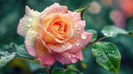 Spring rain enhances beauty of rose flower with water droplets