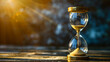 © CreativeCreations - Sand running through the bulbs of an hourglass measuring the passing time in a countdown to a deadline with copy space.