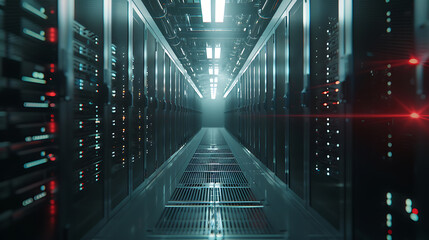 Leinwandbilder - Shot of Corridor in Working Data Center Full of Rack Servers and Supercomputers with High Internet Visualisation Projection.