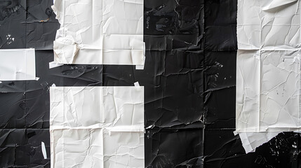 Poster - Several sheets of white paper pasted on a black wall.