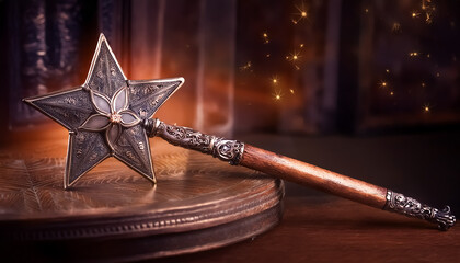 magic wand, old, ancient, metal, star, flower, carved, decoration, tree, light, fantastic, mystical, close-up