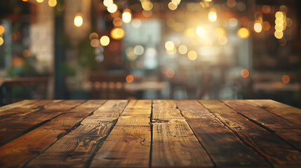 Poster - Empty wood table top on blur light gold bokeh of cafe restaurant in dark background
