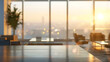 © CreativeCreations - Beautiful blurred background of a light modern office interior with panoramic windows and beautiful lighting.