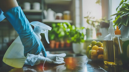 Aufkleber - Cleaning home table sanitizing kitchen table surface with disinfectant spray bottle washing surfaces with towel and gloves. COVID-19 prevention sanitizing inside.