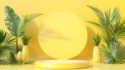 Poster - Blank yellow display on vivid summer background with minimal style. Blank stand for showing product. 3D rendering.