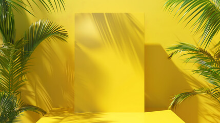 Poster - Blank yellow display on vivid summer background with minimal style. Blank stand for showing product. 3D rendering.